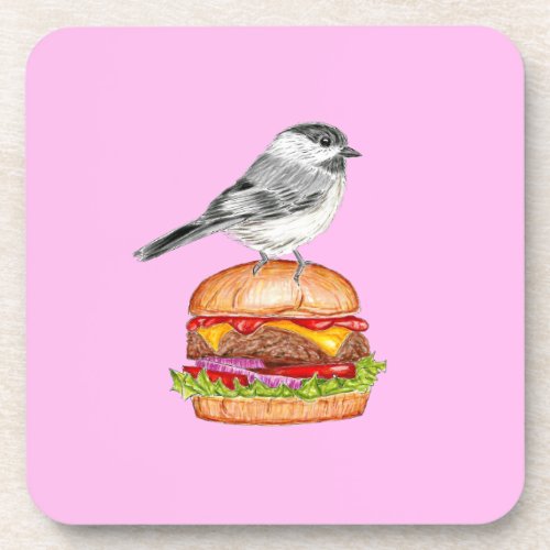 Cheeseburger Bird Black Capped Chickadee Pink Beverage Coaster