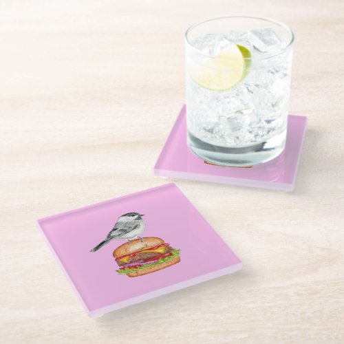 Cheeseburger Bird Black Capped Chickadee Pink Glass Coaster