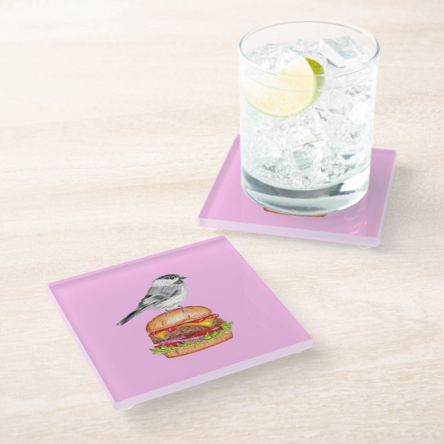 Cheeseburger Bird Black Capped Chickadee Pink Glass Coaster (Angled)
