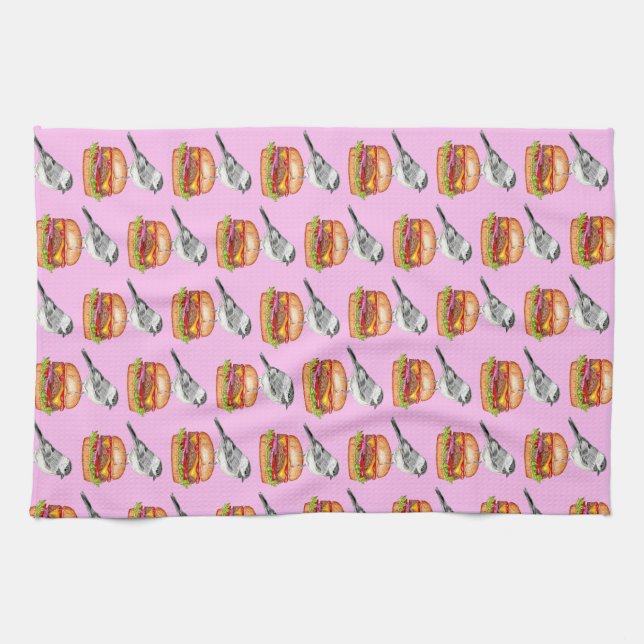 Cheeseburger Bird Black Capped Chickadee Pink Kitchen Towel (Horizontal)