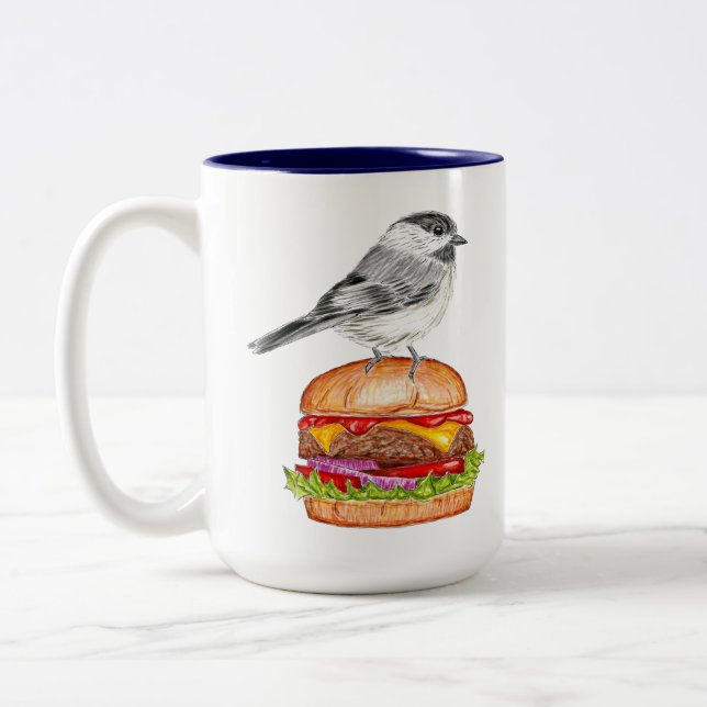 Cheeseburger Bird Chickadee Mug (Left)