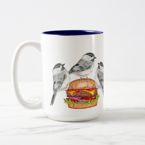 Cheeseburger bird mountain chickadee trio Two_Tone coffee mug