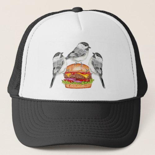 Cheeseburger Bird Trio Tahoe Mountain Chickadees Trucker Hat