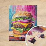 Cheeseburger Colorful Modern Abstract Art Jigsaw Puzzle<br><div class="desc">A fun and playful modern art painting of a giant loaded cheeseburger. The artwork is brought to life with textured, abstract brushstrokes in vibrant colors like pink, blue, and yellow. The bold use of color and exaggerated scale give the cheeseburger an energetic, whimsical feel. This lively, imaginative piece blends pop...</div>