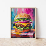 Cheeseburger Colorful Modern Abstract Art Poster<br><div class="desc">A fun and playful modern art painting of a giant loaded cheeseburger. The artwork is brought to life with textured, abstract brushstrokes in vibrant colors like pink, blue, and yellow. The bold use of color and exaggerated scale give the cheeseburger an energetic, whimsical feel. This lively, imaginative piece blends pop...</div>