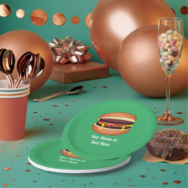 Cheeseburger Graphic on Green - Add Own Words Paper Plates (Multi)