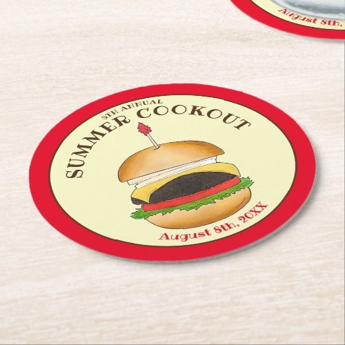 Cheeseburger Hamburger Burger Picnic Barbecue BBQ Round Paper Coaster