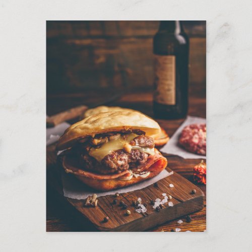 Cheeseburger on cutting board postcard