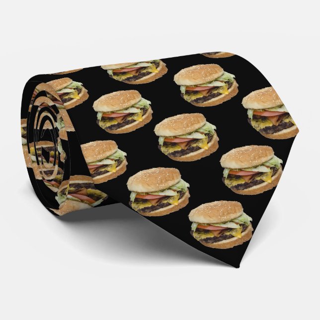 Cheeseburger Pattern on Black Neck Tie (Rolled)