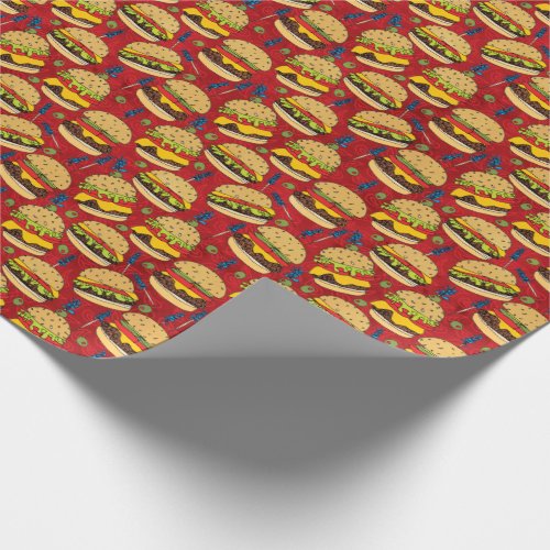 Cheeseburger Pattern Red Wrapping Paper