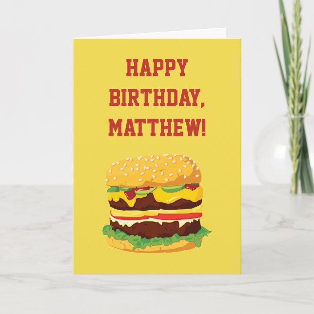 Cheeseburger Personalized Birthday Card in Yellow (Front)