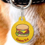 Cheeseburger Pet ID Tag<br><div class="desc">Cheeseburger cartoon illustration. Junk food outline icons yellow pattern background. Custom text on both sides.</div>