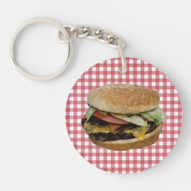 Cheeseburger, Red and White Checkered Background K Keychain (Front)