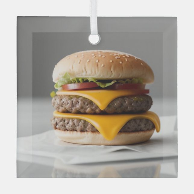 Cheeseburger with a Grey Background Glass Ornament (Front)