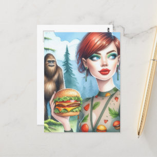 Cheeseburger With Sasquatch in the Forest  Postcard