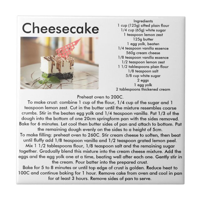 Cheesecake Recipe Kitchen Tile (Front)
