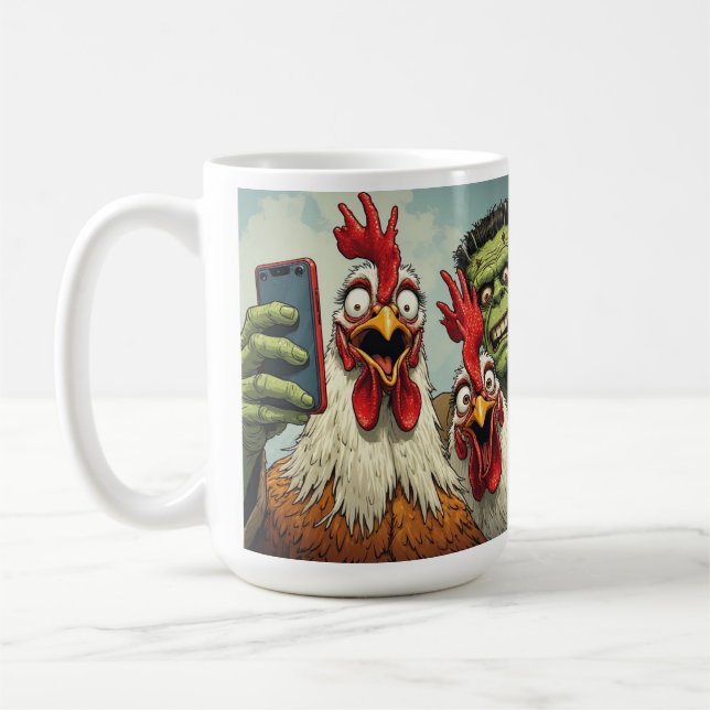 "Cheesy Chickens Posen With Frankenstein" Coffee Mug (Left)