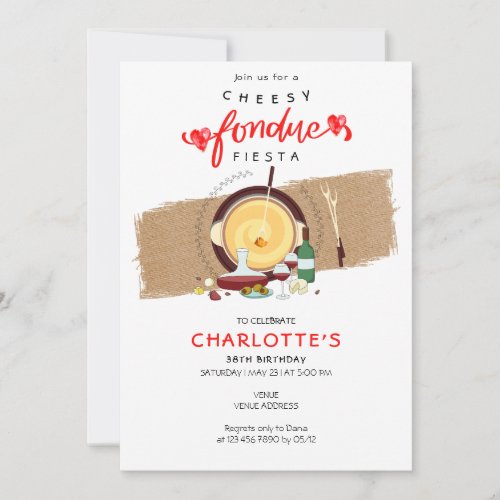 Cheesy Fondue Fiesta Hearts Pot Wine Fondue Party Invitation