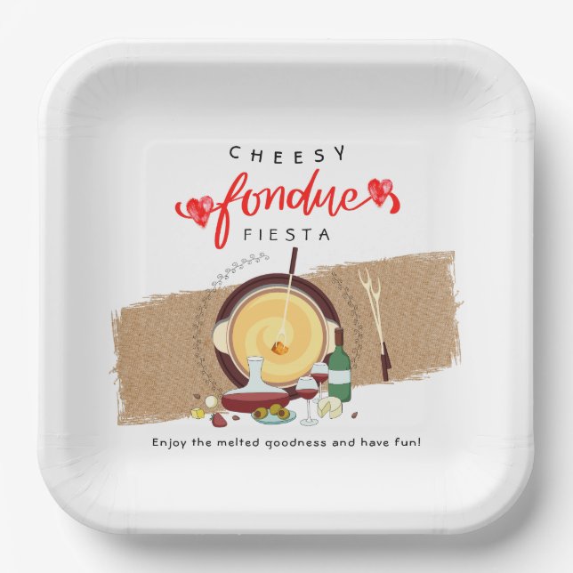 Cheesy Fondue Fiesta Hearts Pot Wine Fondue Party Paper Plates (Front)