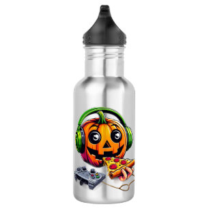 Cheesy Halloween Vibes Pumpkin Enjoys Pizza Gaming Stainless Steel Water Bottle