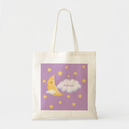 Cheesy Moon  Stars Fluffy Cloud custom name lilac Tote Bag