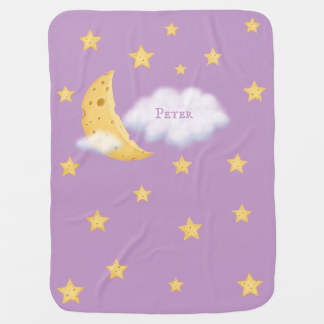 Cheesy Moon & Stars Personalized Cloud Cute Lilac Baby Blanket (Front)