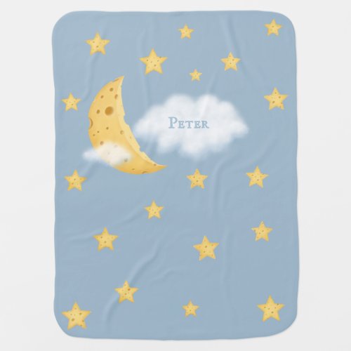 Cheesy Moon  Stars Personalized Fluffy Cloud Blue Baby Blanket