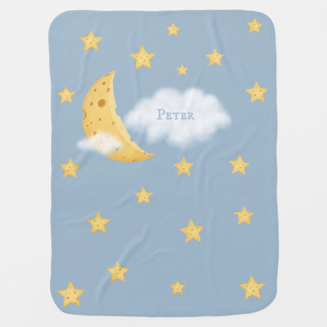 Cheesy Moon & Stars Personalized Fluffy Cloud Blue Baby Blanket (Front)