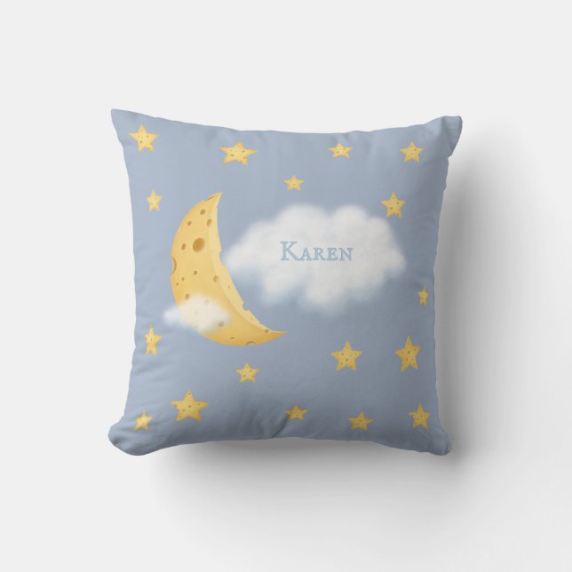 Cheesy Moon & Stars Personalized Fluffy Cloud Blue Throw Pillow (Front)