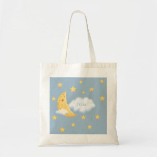 Cheesy Moon & Stars Personalized Fluffy Cloud Blue Tote Bag