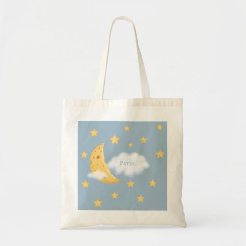 Cheesy Moon  Stars Personalized Fluffy Cloud Blue Tote Bag