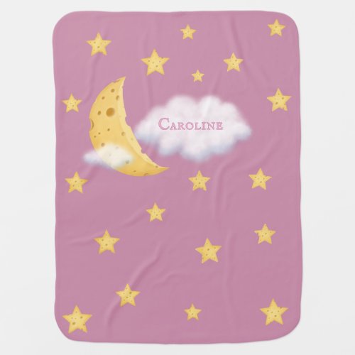 Cheesy Moon  Stars Personalized Fluffy Cloud Pink Baby Blanket