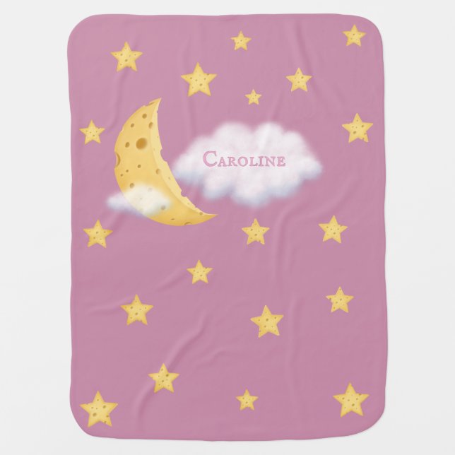 Cheesy Moon & Stars Personalized Fluffy Cloud Pink Baby Blanket (Front)