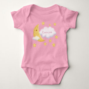 Cheesy Moon & Stars Personalized Fluffy Cloud Pink Baby Bodysuit