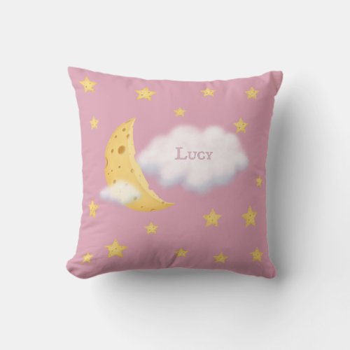 Cheesy Moon  Stars Personalized Fluffy Cloud Pink Throw Pillow