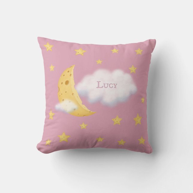 Cheesy Moon & Stars Personalized Fluffy Cloud Pink Throw Pillow (Front)