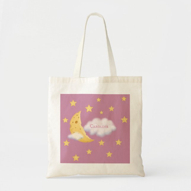 Cheesy Moon & Stars Personalized Fluffy Cloud Rose Tote Bag (Front)