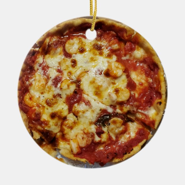 Cheesy Shrimp Deep Dish Pizza Christmas Ceramic Ornament (Front)