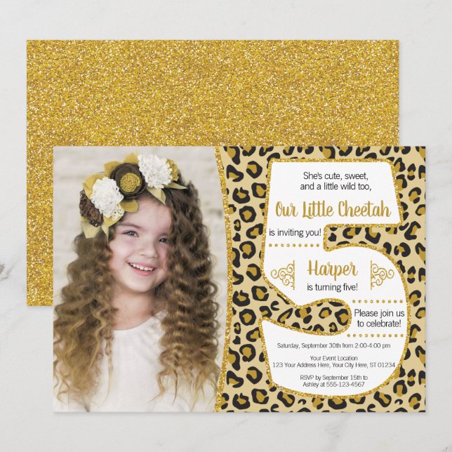 Cheetah 5th Birthday Invitation | Safari Party (Front/Back)