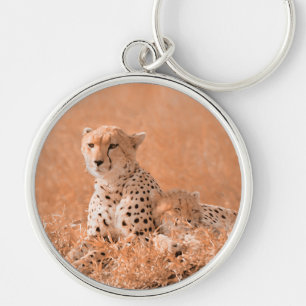 Cheetah and cub wildlife art keychain
