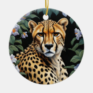 Cheetah and flowers ceramic ornament