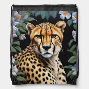 Cheetah and flowers drawstring bag