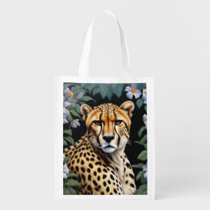 Cheetah and flowers grocery bag
