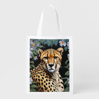 Cheetah and flowers grocery bag