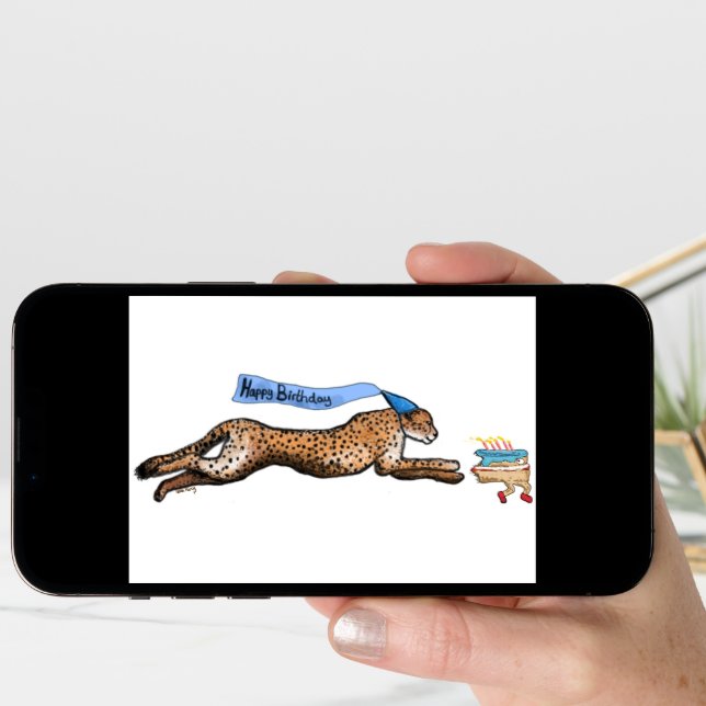 Cheetah And Runaway Cake Cartoon Birthday Card (Front Digital)