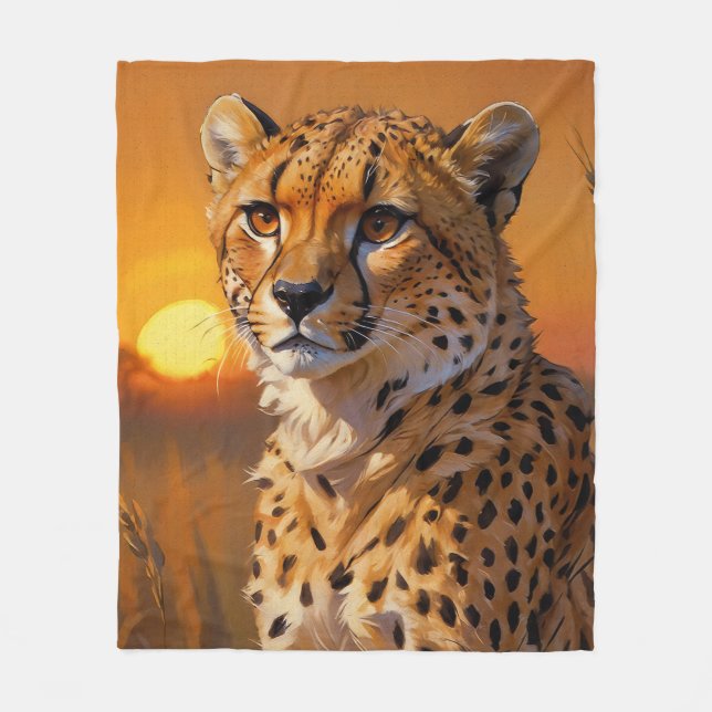 Cheetah and Sunset African Savannah Fleece Blanket (Front)