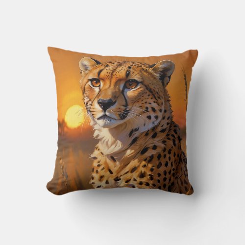 Cheetah and Sunset African Savannah Throw Pillow