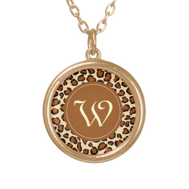 Cheetah animal pattern with "W" monogram Gold Plated Necklace (Front)