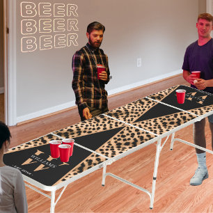 Cheetah Animal Print Black & Brown Monogram Family Beer Pong Table