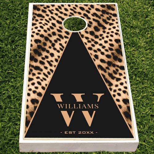 Cheetah Animal Print Black  Brown Monogram Family Cornhole Set